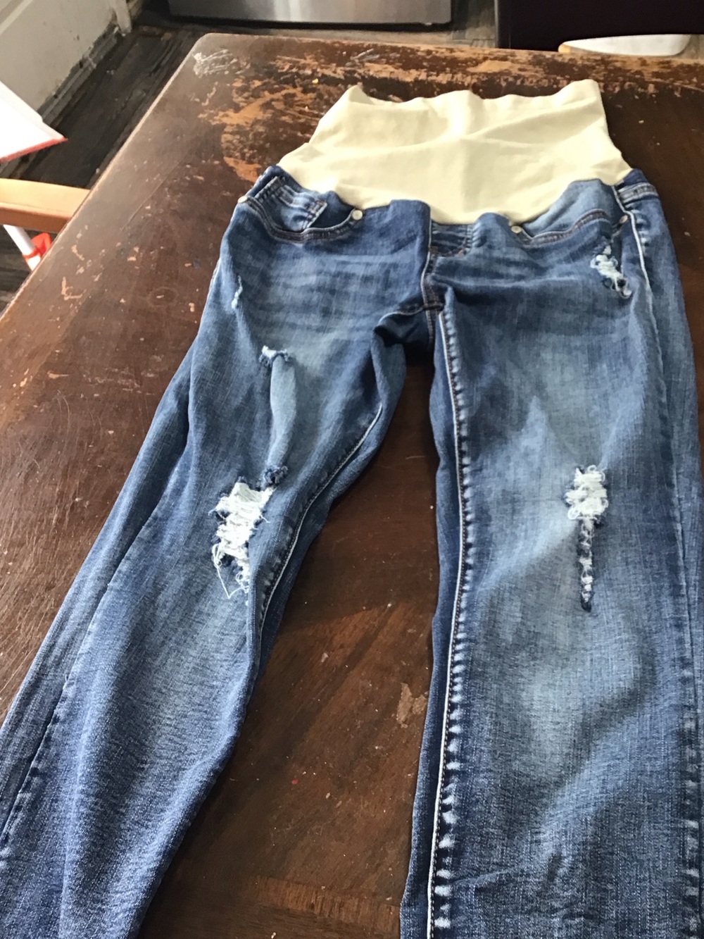 Maternity Skinny Distressed Blue Jeans with Cream Support Panel
